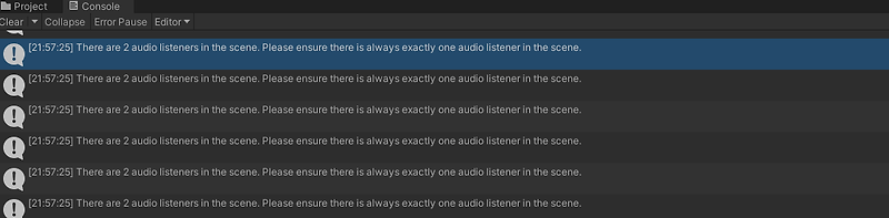 [Unity] There are 2 audio listeners in the scene. Please ensure there is always exactly one audio listener in the scene.