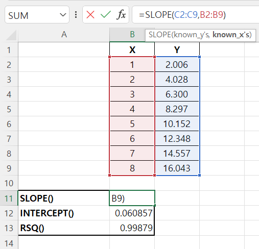 [엑셀함수] 엑셀로 선형 회귀식의 기울기, Y-절편, R^2 구하기 SLOPE(), INTERCEPT(), RSQ()