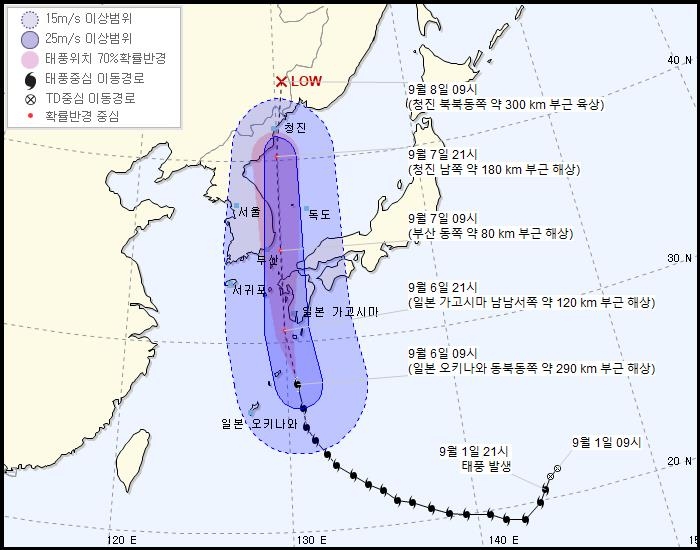 10호 태풍 ‘하이선’ 경로 (9월 6일 기준)