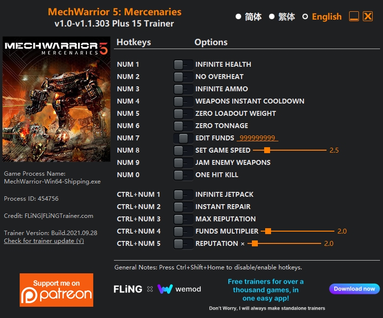 [트레이너] 한글판 맥워리어5 : 머서너리즈 최신 영문판 MechWarrior 5 Mercenaries v1.0-v1.1.303 Plus 15 Trainer
