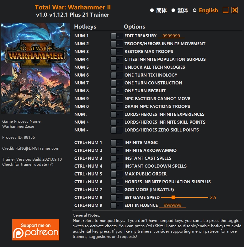 [트레이너] 한글판 토탈워 워해머2 최신 영문판 Total War Warhammer II v1.0-v1.12.1 Plus 21 Trainer