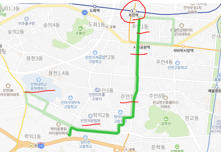 [인천] 518번버스 버스 시간표,  노선 : 병무청, 인하대역, 주안역, 석비위, 신기시장