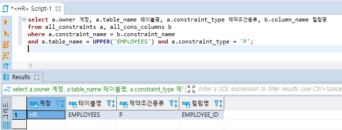 [오라클 SQL] 테이블 주키(프라이머리키) 확인하는 법, 테이블 컬럼의 제약 조건 확인하기, 다양한 키 확인