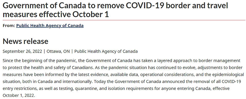 노백신, 노마스크! 캐나다 10월 1일부터 코로나 관련 모든 출입국 여행 규제 해제