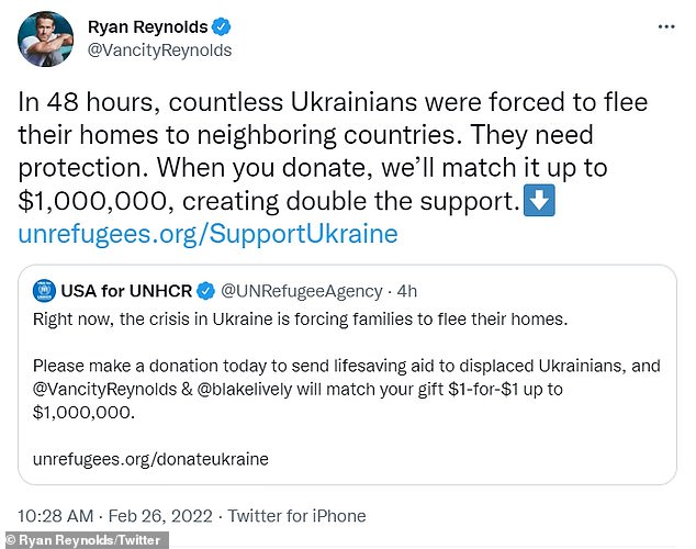 라이언 레이놀즈는 자신의 아내 블레이크 라이블리는 러시아가 우크라이나 침공 후 난민을. 위해 100만 달러를 기부할것이라고 했습니다.