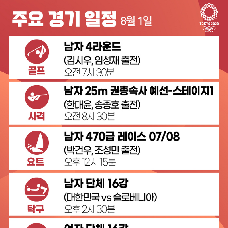 [2020 도쿄 올림픽] 1일 한국 선수 (대표팀) 경기 일정