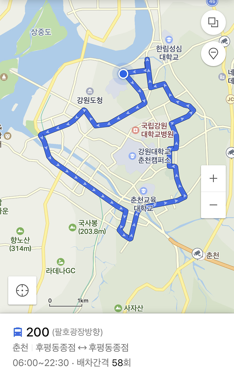 강원도 춘천시 시내버스 간선버스노선 200번 200-1번 200-S번 운행 정보 운행 시간표