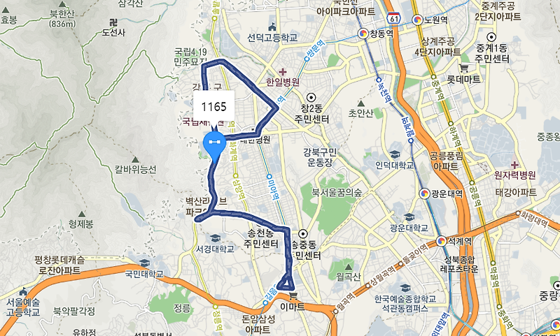 [서울]1165번 버스 노선 정보 : 수유동, 강북구청, 미아사거리역, 화계사