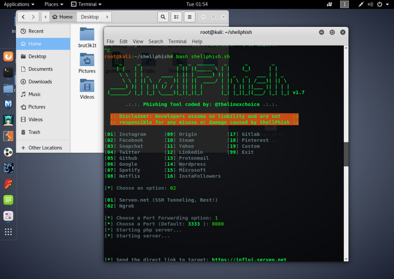 Kali Linux & Shellphish Tool <phishing>
