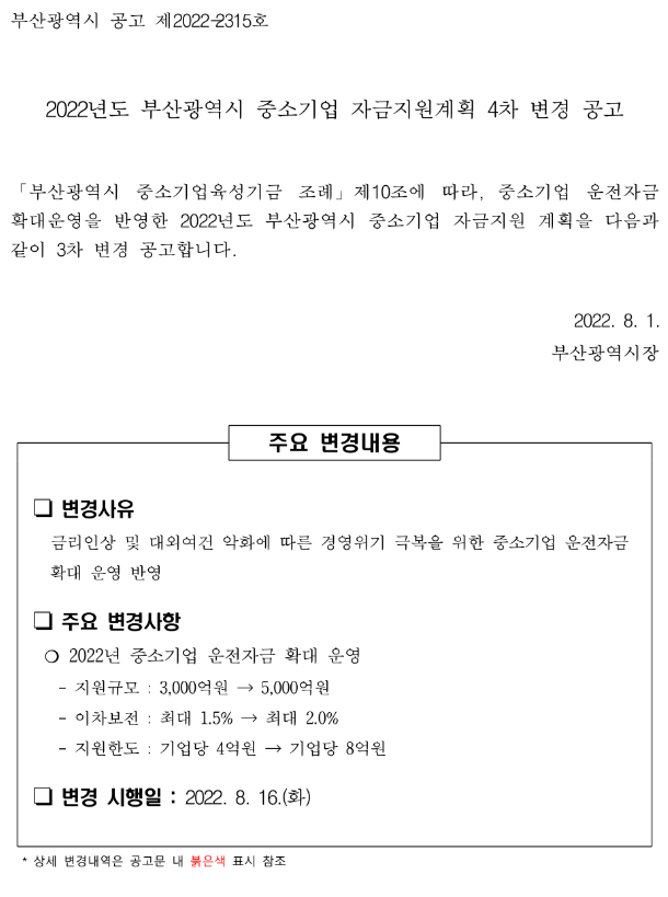 [부산] 2022년 4차 중소기업 자금지원계획 변경 공고