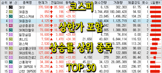 코스피/코스닥 상한가 포함 상승률 상위 종목 TOP 30 (0615)