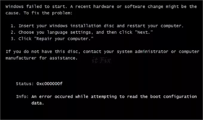 검은 화면 부팅 불능 오류 “Windows Failed to Start” , 코드 0xc00000f