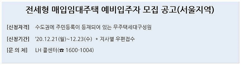 서울 전세형 매입임대주택 예비입주자 모집 12월21~23일까지!