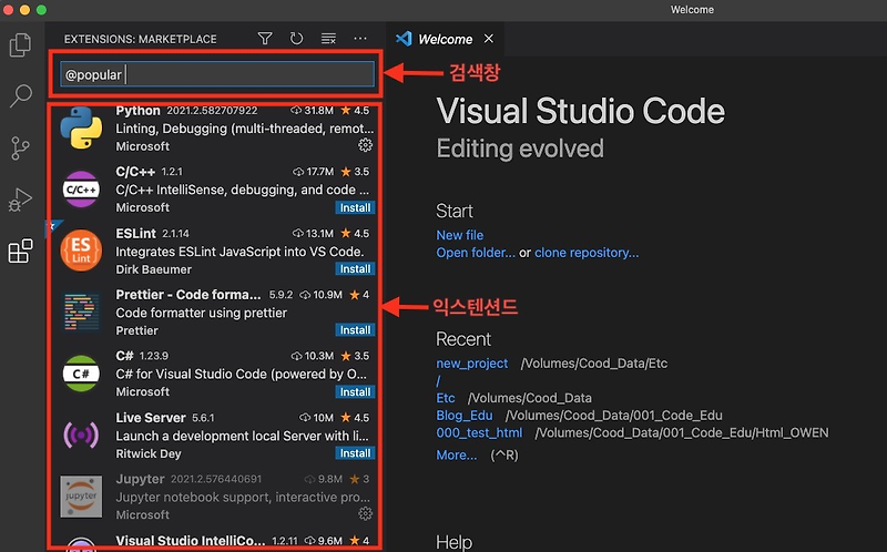 [코딩 배우기] Vscode 비주얼 스튜디오 코드 개발을 위한 익스텐션 추천 및 설치!!