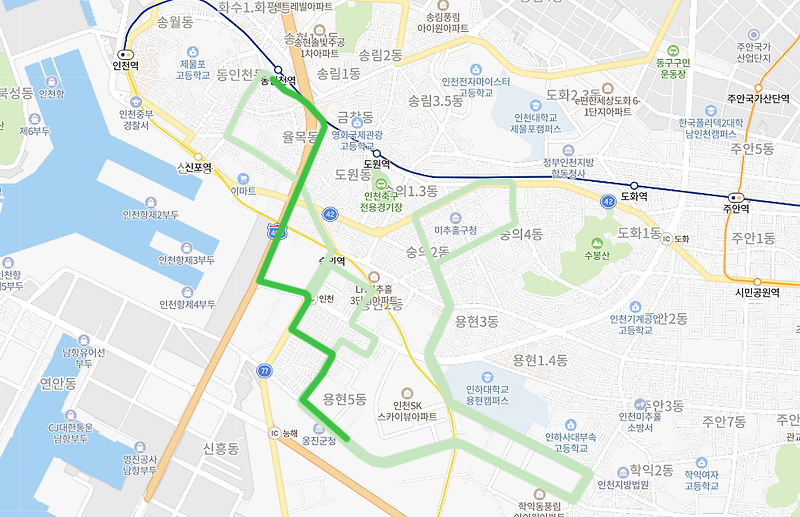[인천] 519번버스 시간표,  노선 정보 : 인항고, 인하대병원, 동인천역, 인하대역, 제물포역