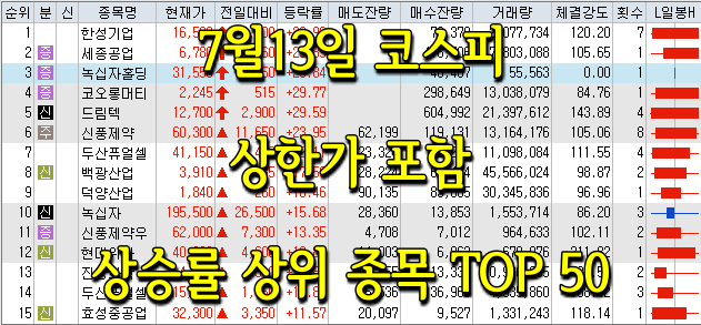 7월13일 코스피/코스닥 상한가 포함 상승률 상위 종목 TOP 50