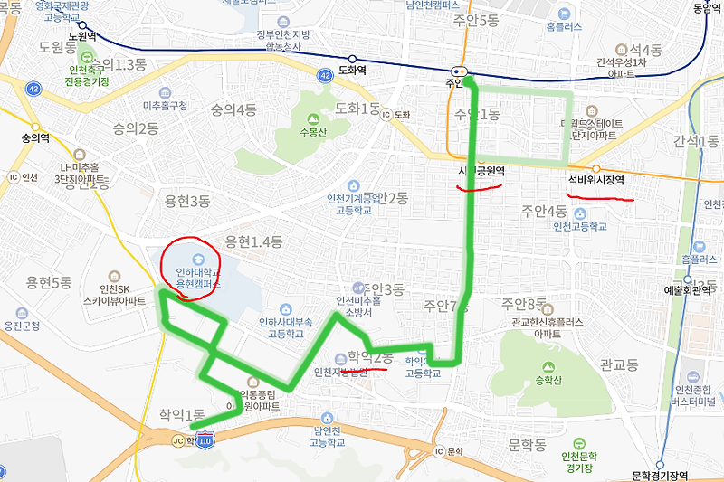 [인천] 516번버스 시간표,  노선 : 병무청, 인하대역, 지방법원, 주안역