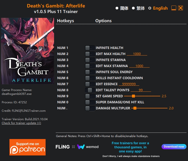 [트레이너] 한글판 데스 갬빗 애프터라이프 최신 영문판 Deaths Gambit Afterlife v1.0.5 Plus 11 Trainer