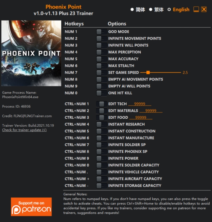 [트레이너] 한글판 피닉스 포인트 최신 영문판 Phoenix Point v1.0-v1.13  Plus 23 Trainer