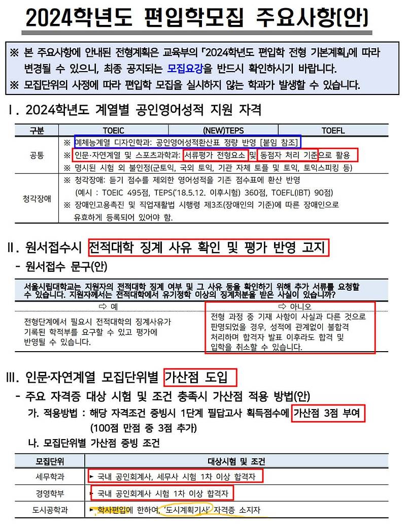 서울시립대 편입 시험 변경(2024 자연계)