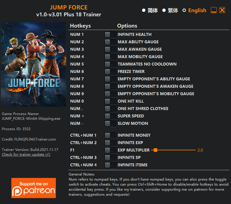 [트레이너] 한글판 점프 포스 영문판 JUMP FORCE v1.0-v3.01 Plus 18 Trainer