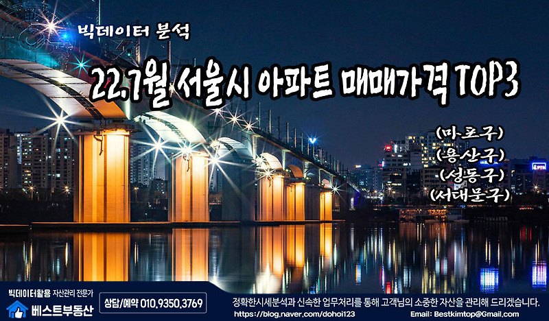 22.7월 서울시(마포/용산/성동/서대문) 매매가격 TOP3 아파트 분석 !!!