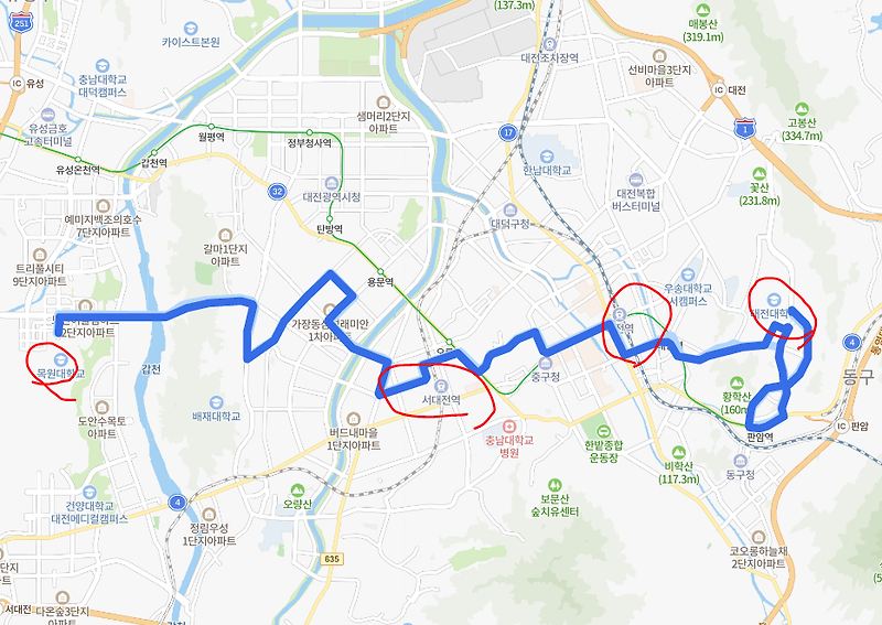 [대전] 603번버스 노선정보 : 목원대, 서대전역, 대전대