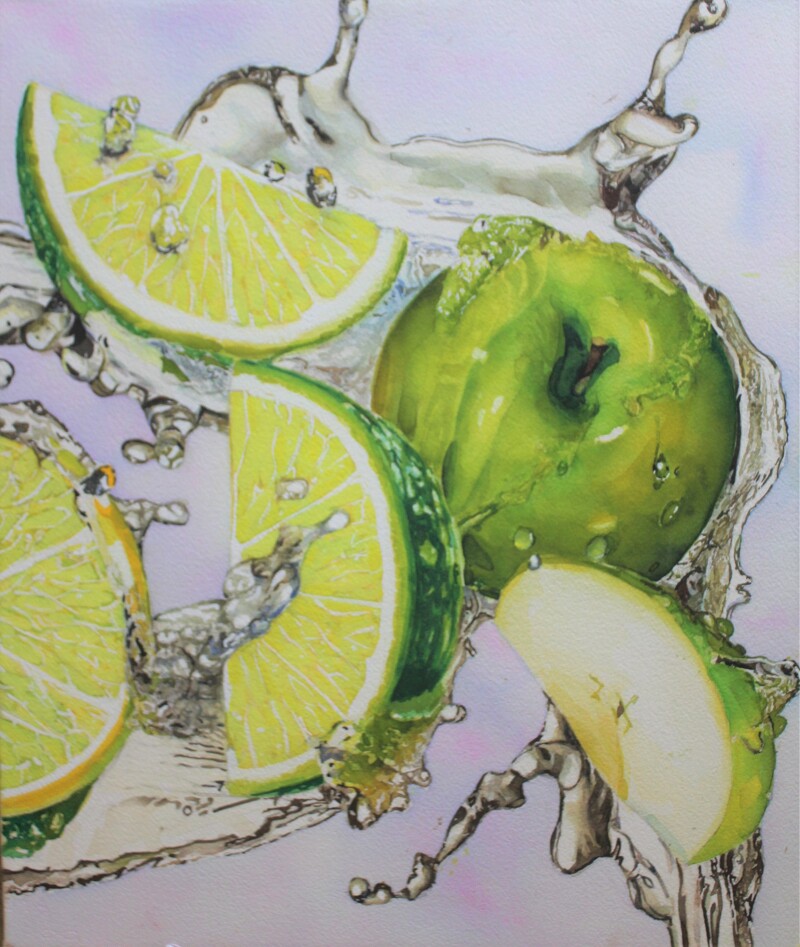 레몬 라임 ,물, 초록 사과 그래픽 수채화 그림