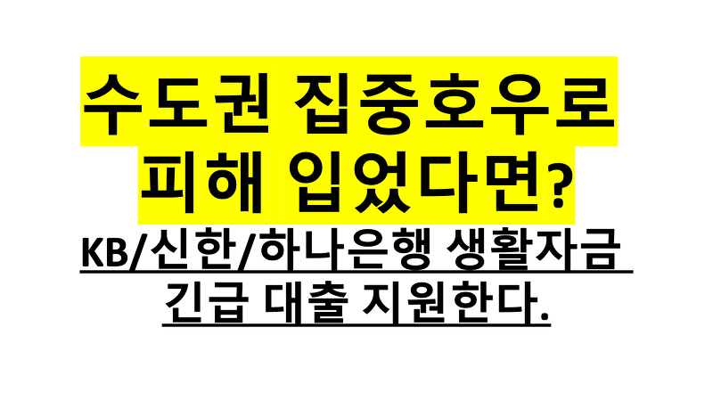 수도권 집중호우로 피해 입었다면? KB/신한/하나은행 생활자금 긴급 대출 지원한다.