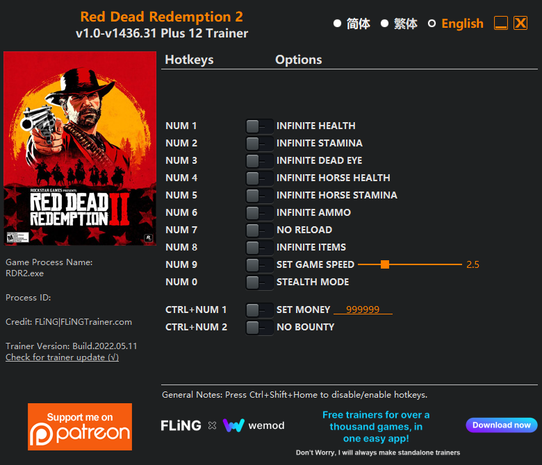 [트레이너] 한글판 레드 데드 리뎀션2 영문판 Red Dead Redemption 2 v1.0-v1436.31 Plus 12 Trainer