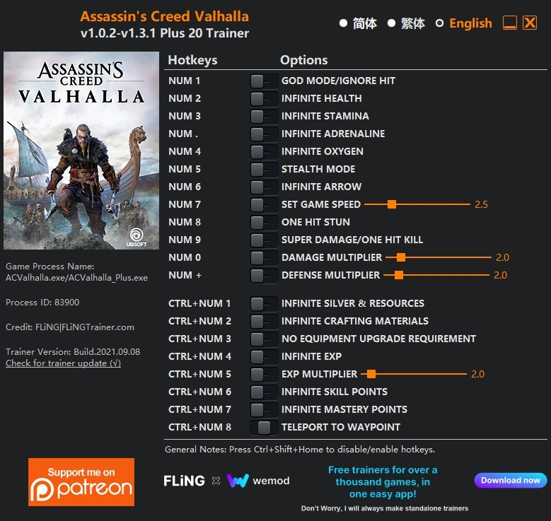 [트레이너] 한글판 어쌔신크리드 발할라 최신 영문판 Assassins Creed Valhalla v1.0.2-v1.3.1 Plus 20 Trainer