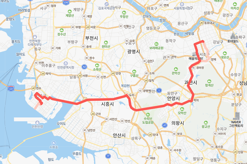 [광역급행] M6405 버스 노선, 시간표 : 인천 송도 ~ 서울 강남역, 양재역,교대역