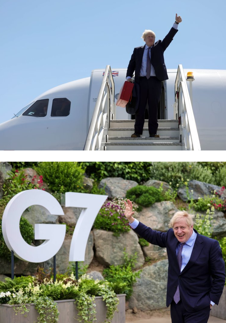 2021 G7 정상회의 정상들 사진 모음, 보리스 존슨 총리, 조 바이든 대통령, 샤를 미셀 EU 상임의장, 저스틴 트뤼도 캐나다 총리, 스가 일 총리, 우르슬라 폰 데어 라이엔 EU 집행위원장, 엠마뉘엘 ..