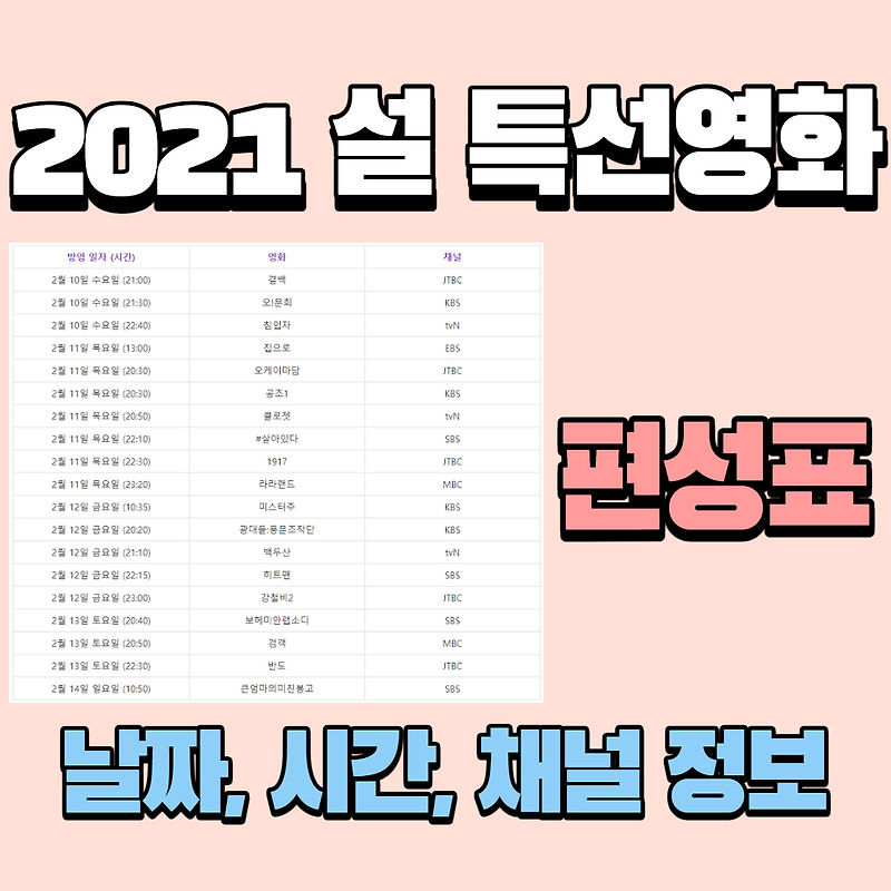 2021 설(구정) 특선영화 편성표 라인업 추천영화_ 날짜, 시간, 채널 (방영 리스트)