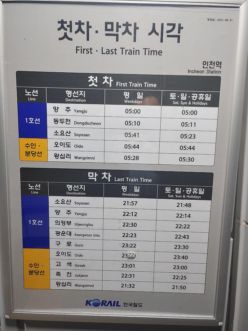인천역 1호선 수인분당선 첫차 막자 시간표