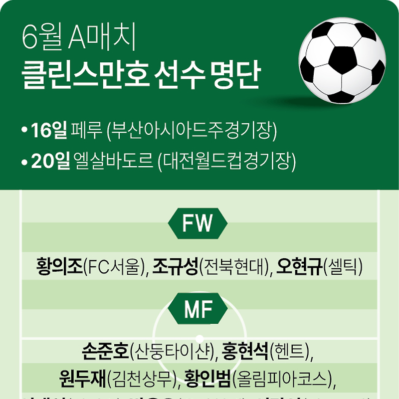 6월 한국 축구 국가대표팀 평가전 일정, 선수 명단
