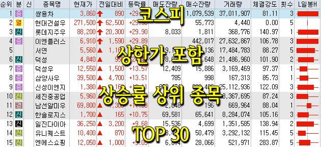 코스피/코스닥 상한가 포함 상승률 상위 종목 TOP 30 (0622)