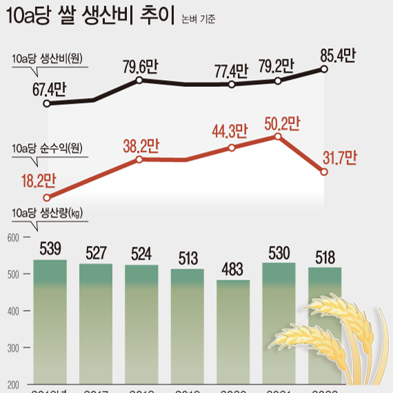 2022년산 논벼(쌀) 생산비 조사 결과 | 작년 대비 생산비 7.9% 증가·총수입 9.5% 감소