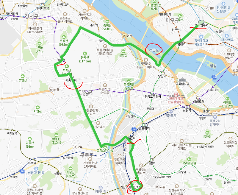 [서울] 5712번버스 시간표,  노선 정보 : 가산디지털단지역, 구로역, 화곡역, 합정역, 홍대입구역