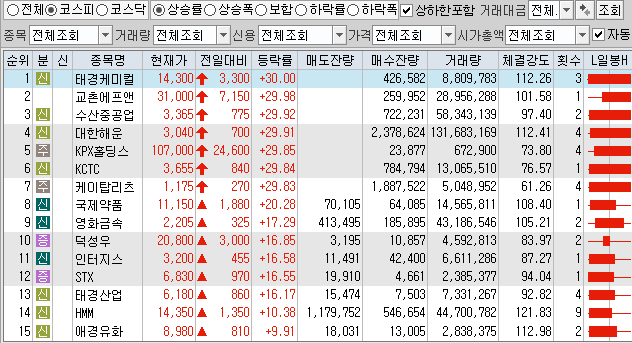 11월12일 코스피 코스닥 상한가 포함 상승률 상위 종목 TOP 100