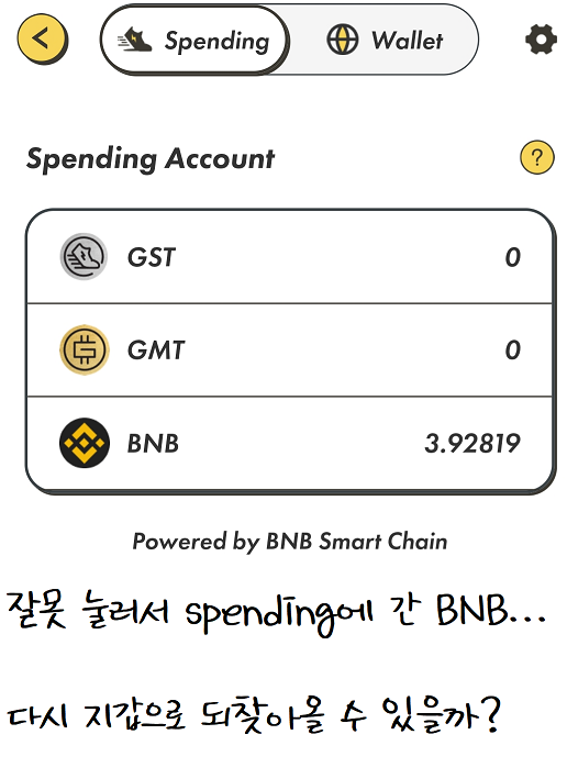 [Stepn 팁] 스테픈(stepn) 앱에서 BNB가 잘못해서 Spending으로  옮겨졌는데, 다시 꺼낼 수 있을까요?