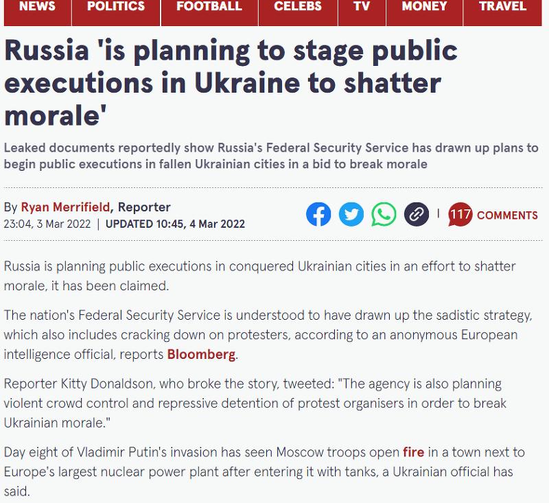 [우.러 전쟁] 러시아, 우크라이나의 사기 저하를 위해 우크라이나인 공개처형을 계획중이다. -불룸버그