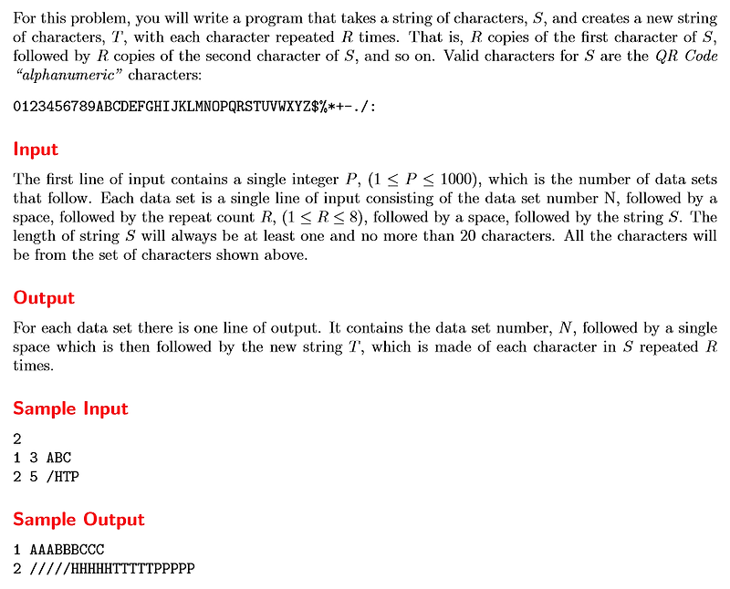 [ACM ICPC 2011 기출, 백준 2675번] 문자열 반복 (repeating character) 문제 해설 및 풀이 (Java, C++) 다양한 풀이 방법