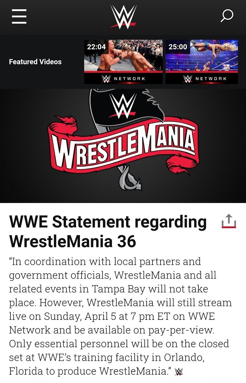 WWE 레슬매니아 36 무관중 진행 결정.