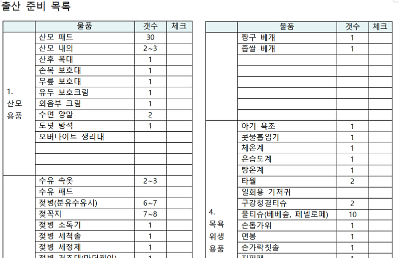 육아 용품 준비 목록 / 출산 준비 리스트 (파일 공유, 다운)