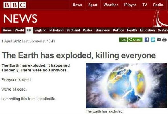 BBC 만우절 속보 . 지구 폭발 . 지구 멸망