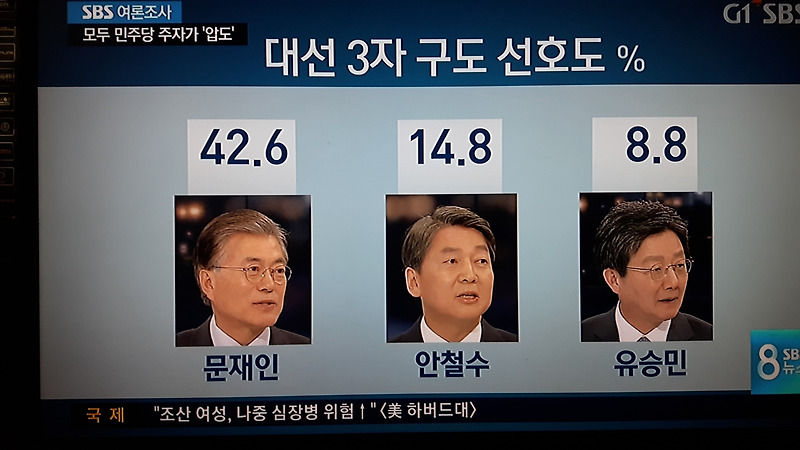 대선 후보 2월3일 sbs여론조사-문재인 43.5% 안철수 15.4% 황교안 15.0%