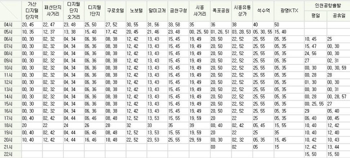 인천공항 ↔ 가산디지털단지역 6004번 리무진버스 시간표