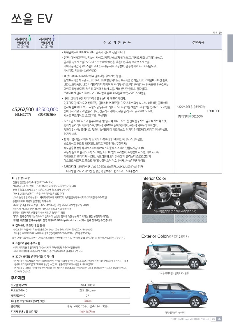 2015년 4월 쏘울전기차 쏘울ev 신차가격표 . 기아자동차 쏘울전기차 EV 가격표 옵션표 세제햬택 등