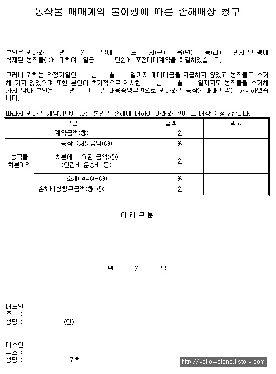 [서식양식] 농작물 매매계약 불이행에 따른 손해배상 청구 (DOC)